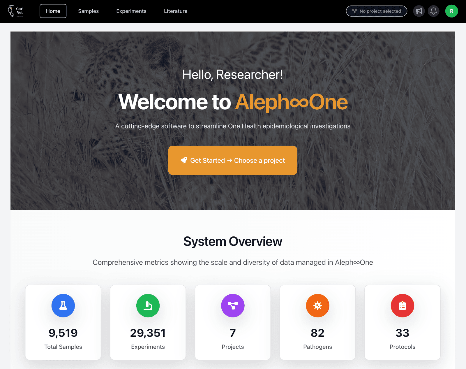 The Aleph One app dashboard, showing the home screen with a system overview of samples, experiments, projects and pathogens